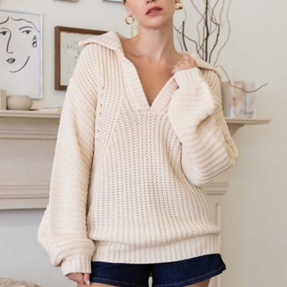 Knit Collar V-Neck Long Sleeve Sweater Cream - Picture 4 of 6